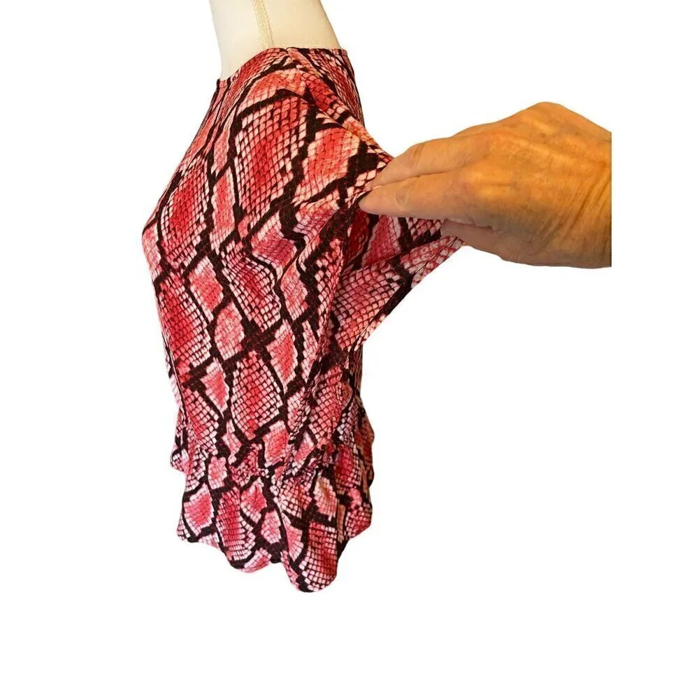 Michael Kors Top S Red Black Snake Print Shirt Blouse Flutter Sleeve Drawstring